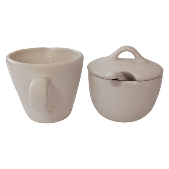 Pottery Barn Sausalito Creamer & Sugar Bowl Set With Spoon Off White Stoneware. - Picture 8 of 16
